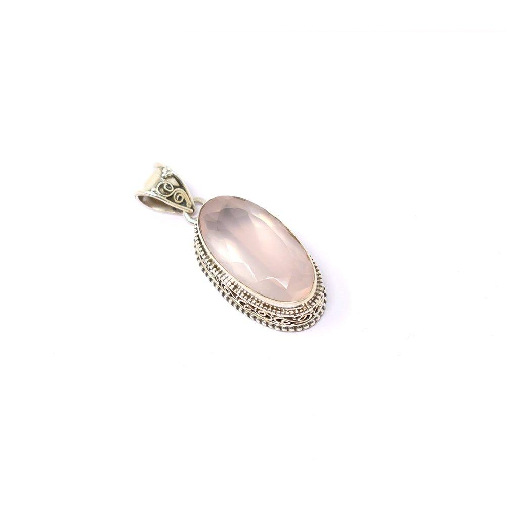 925 Sterling Silver Rose Quartz pink colored Pendant back angle on white background